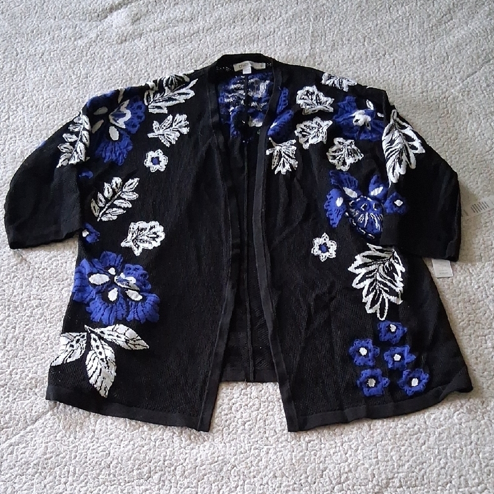 New Chico's Black and Blue Floral Cardigan